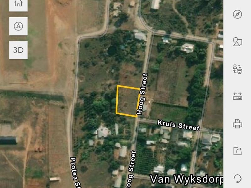 An aerial map view showing the location of a vacant residential plot situated on Hoog Street in Van Wyksdorp.