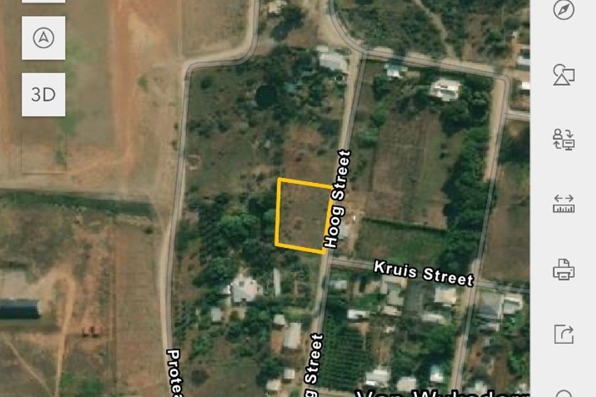 An aerial map view showing the location of a vacant residential plot situated on Hoog Street in Van Wyksdorp.