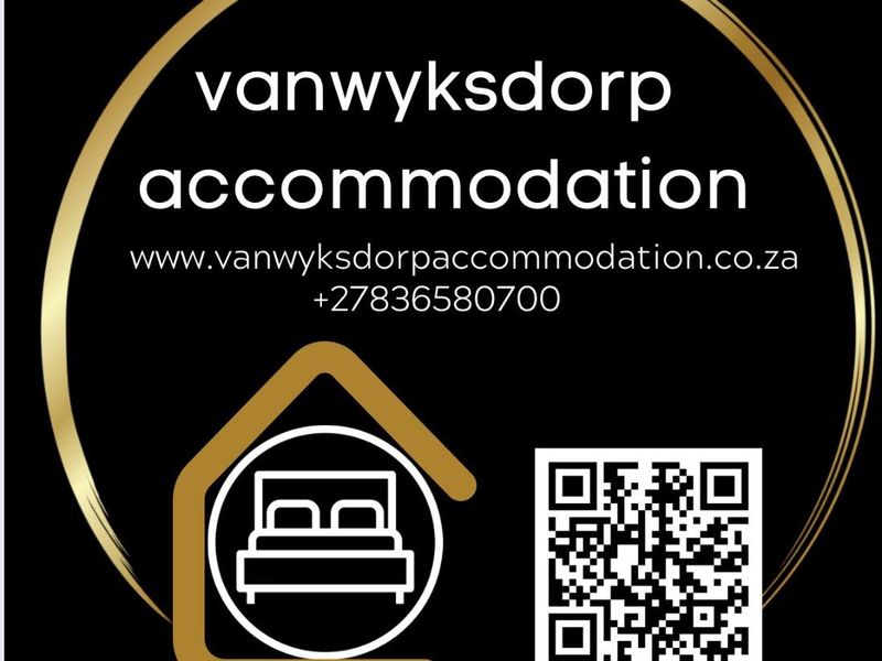 A promotional graphic containing contact details and a QR code for Vanwyksdorp Accommodation.