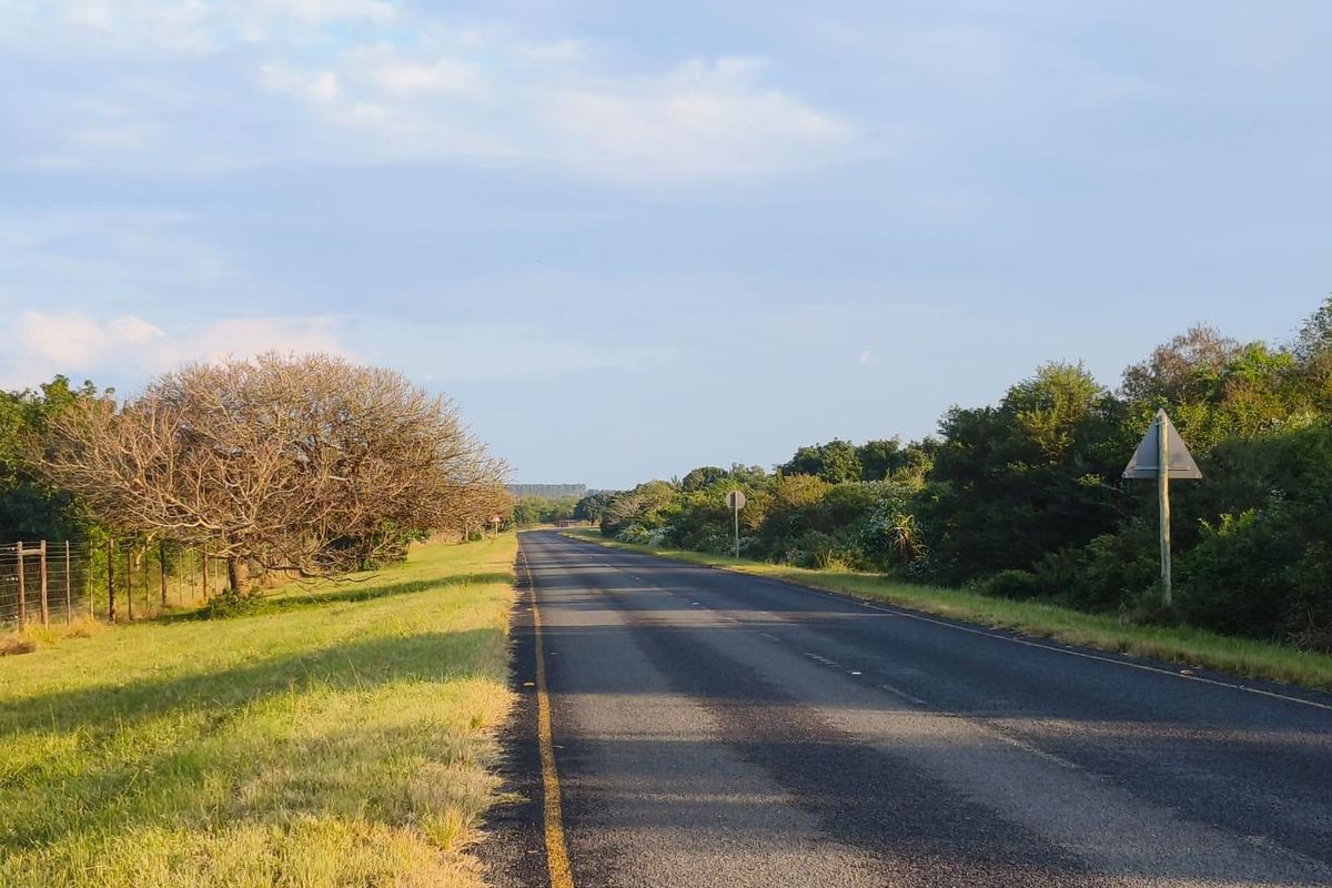 A view of the asphalt road leading towards the residential land, featuring surrounding natural vegetation and roadside fencing.
