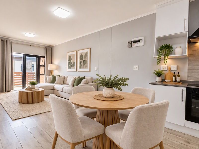 Modern open-plan living area featuring a contemporary kitchen with built-in appliances, light laminate flooring, and seamless access to an outdoor balcony.