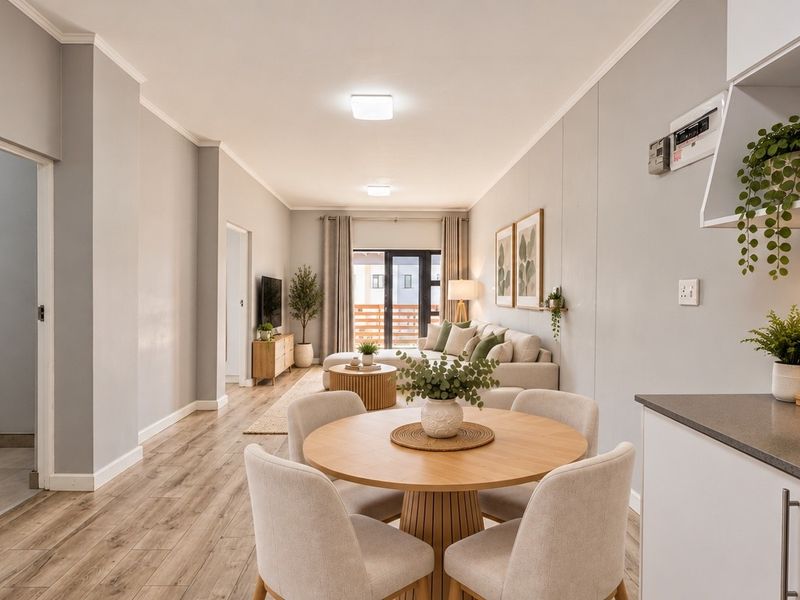 Modern open-plan living and dining area featuring laminate flooring, a sleek kitchen with built-in appliances, and direct access to a balcony through sliding doors.