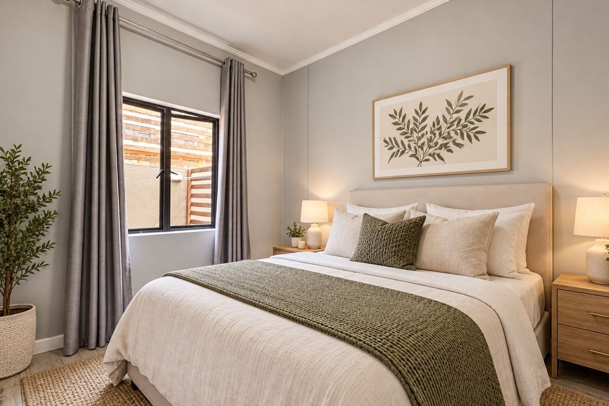 A well-presented bedroom featuring neutral wall tones, a window with curtain tracks, and classic coving detail.