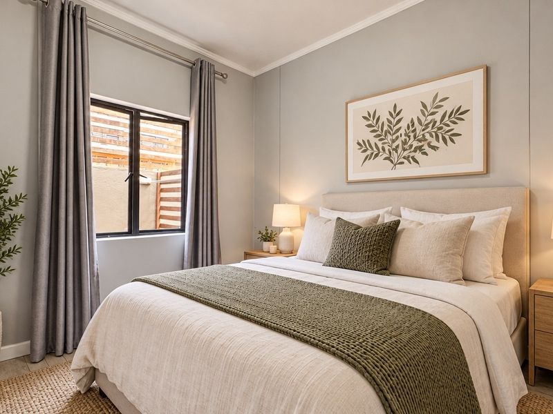 A well-presented bedroom featuring neutral wall tones, a window with curtain tracks, and classic coving detail.