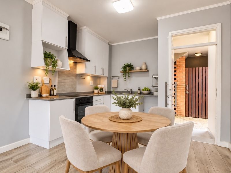 Modern open-plan kitchen and dining area featuring sleek white cabinetry, integrated appliances, and light wood-look laminate flooring, creating a bright and functional living space.