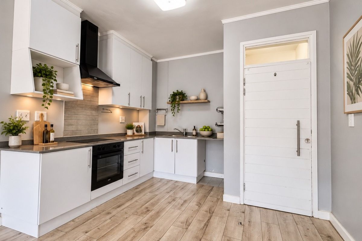 Modern kitchen featuring white cabinetry, integrated appliances, wood-look laminate flooring, and a clean, contemporary aesthetic with a functional layout.