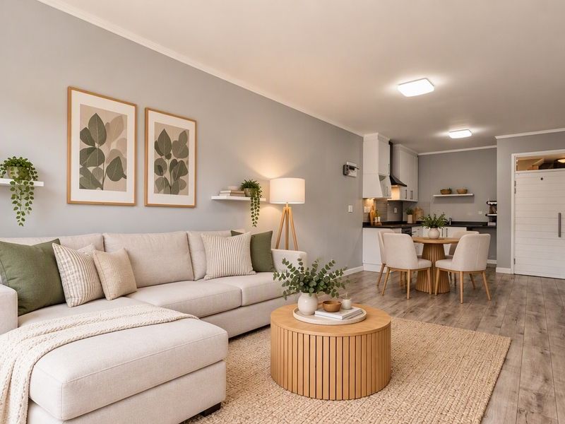 A bright and modern open-plan living and dining area featuring laminate flooring, neutral wall tones, and a well-appointed kitchen with built-in cabinetry.