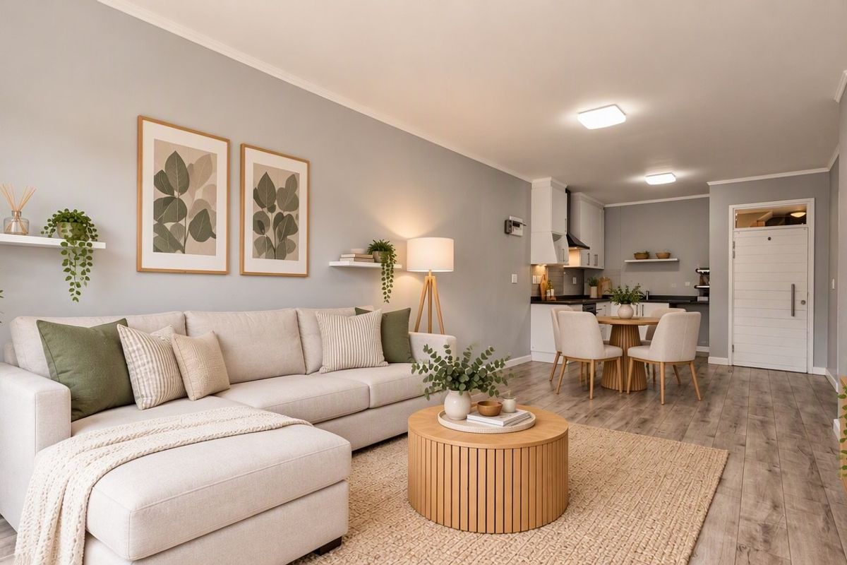 A bright and modern open-plan living and dining area featuring laminate flooring, neutral wall tones, and a well-appointed kitchen with built-in cabinetry.