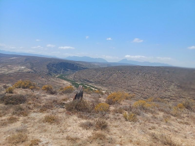 A panoramic landscape view showcasing the expansive natural terrain, rolling hills, and distant mountain ranges characteristic of the farm property.