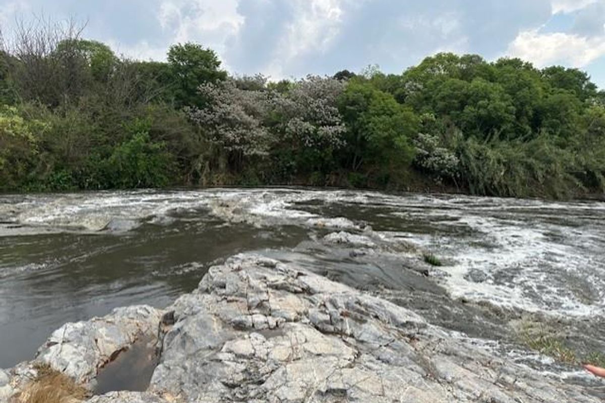 A scenic view of a flowing river with a prominent rocky outcrop in the foreground and lush green trees along the bank.