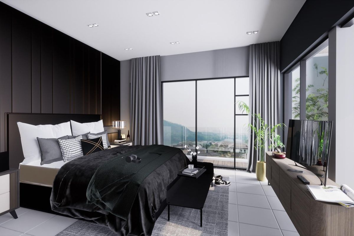 A modern, well-appointed bedroom featuring floor-to-ceiling glass sliding doors that open onto a balcony with scenic views.