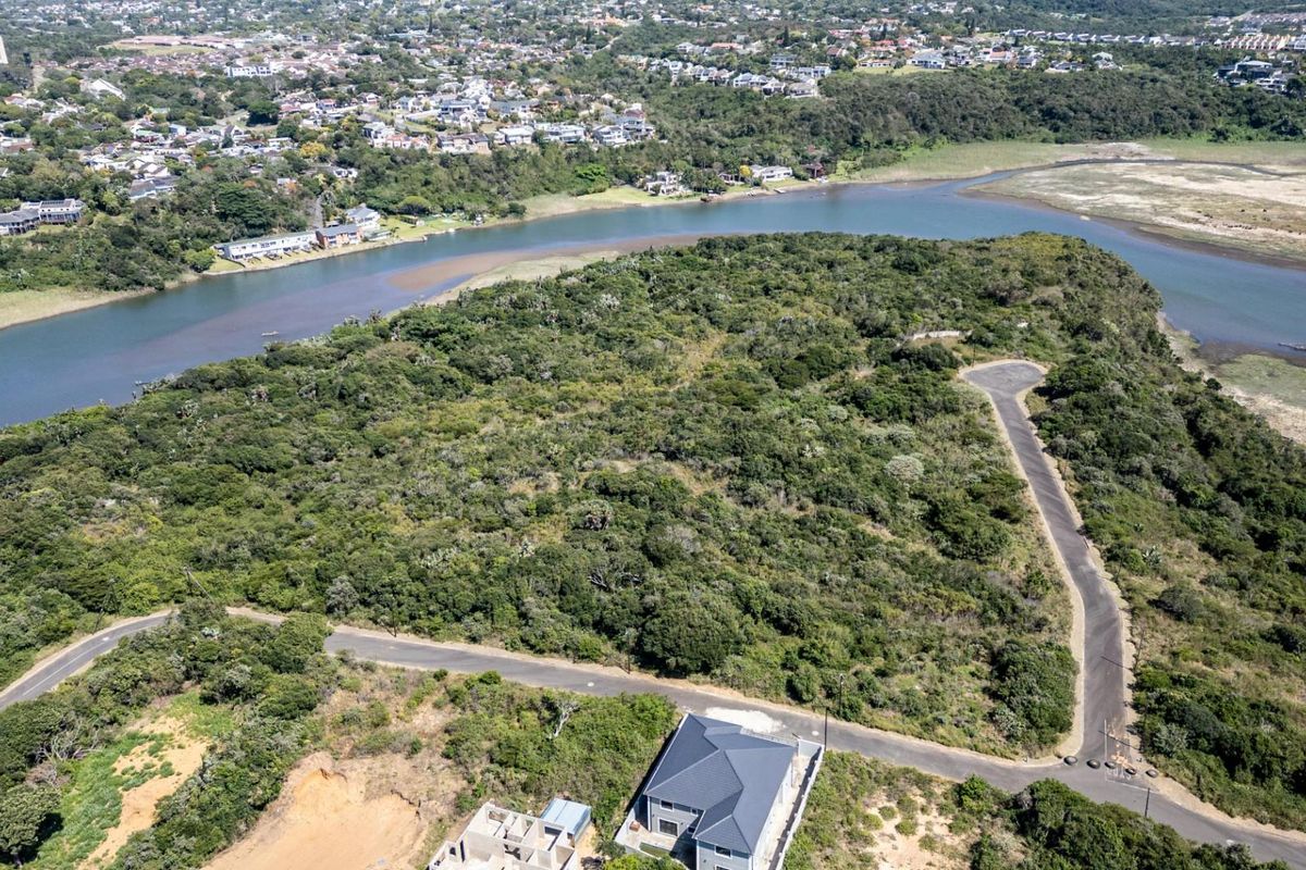 Aerial view of a vacant residential plot featuring established coastal vegetation, paved access roads, and scenic riverfront positioning within a developed estate.