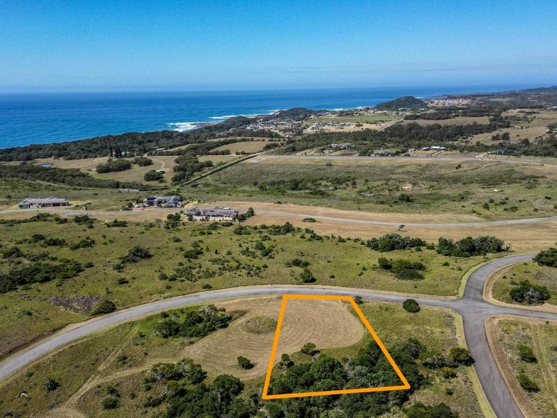 An aerial view of a vacant residential plot in a coastal estate, featuring established vegetation and proximity to the ocean.