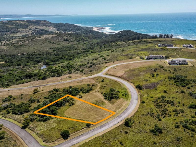 Aerial view of a vacant residential plot in a coastal estate, featuring natural vegetation and proximity to the ocean.