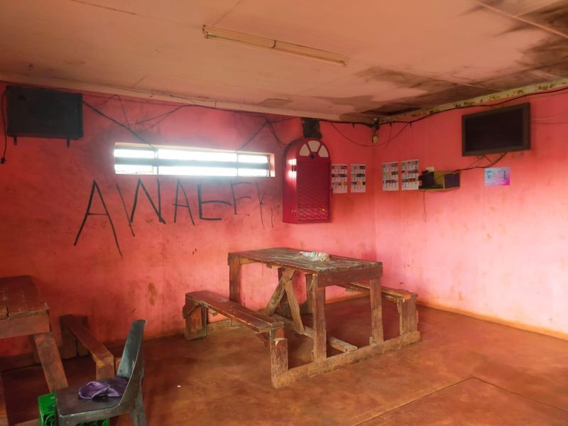 Interior space featuring pink walls with graffiti, visible ceiling water damage, and exposed wiring, requiring significant maintenance and cosmetic renovation.