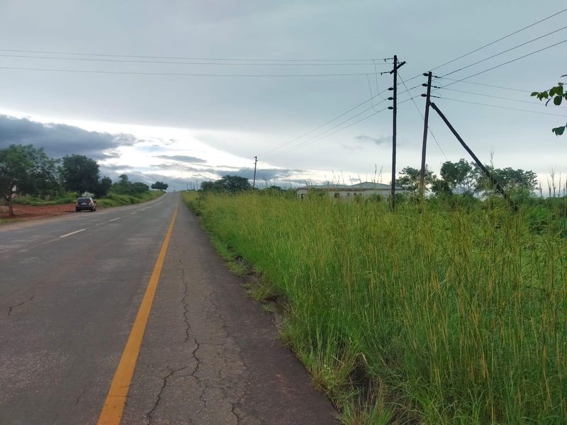 A view of the asphalt road and roadside verge adjacent to the commercial vacant land, featuring utility poles and overhead power lines.