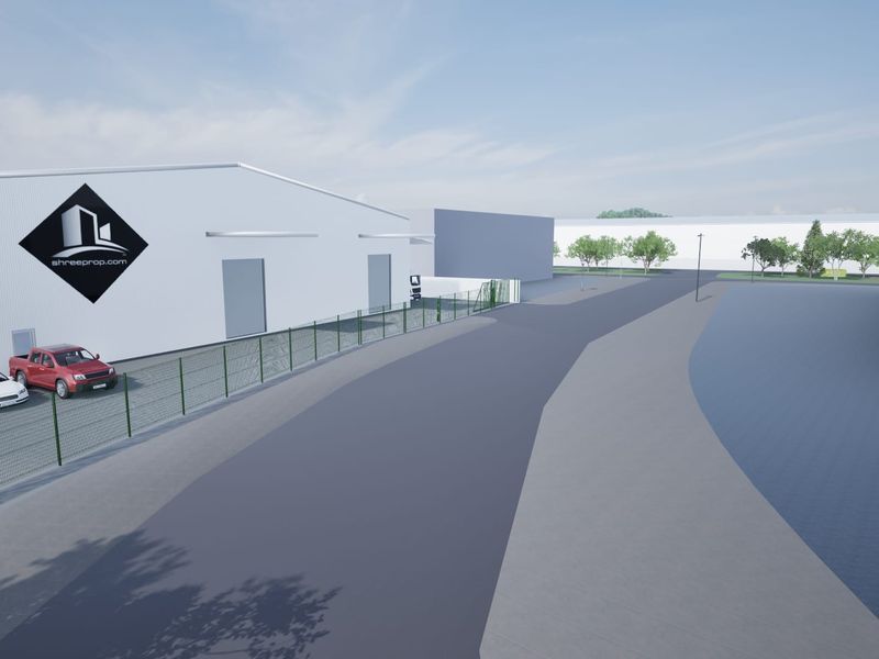 A digital rendering of an industrial warehouse facility featuring a paved driveway, perimeter fencing, and clear access roads.