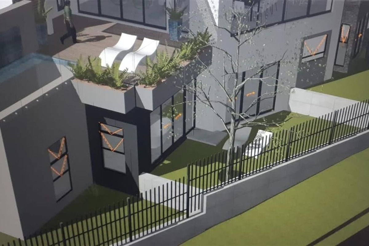 An architectural 3D rendering of a modern residential property featuring a landscaped garden, metal perimeter fencing, and a raised patio area.