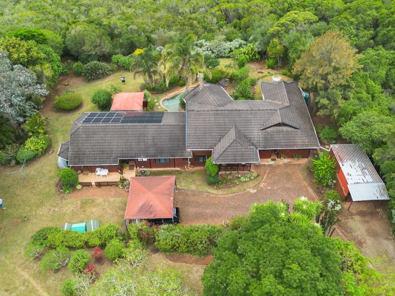 Aerial view of a farm property featuring a large residence with solar panels, a swimming pool, mature garden, and multiple carport structures.