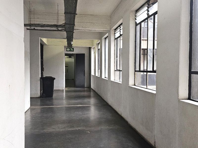 A long, industrial-style hallway featuring concrete floors, exposed ceiling conduits, and large steel-framed windows providing natural light.