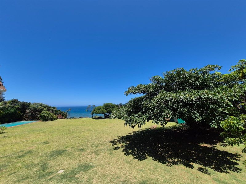 Expansive garden area featuring a well-maintained lawn, mature trees, and a scenic ocean view, providing a tranquil outdoor setting.