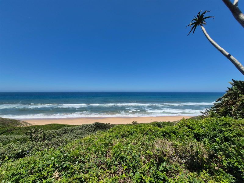 A scenic, elevated view overlooking the coastline, sandy beach, and ocean, showcasing the natural landscape of the property.