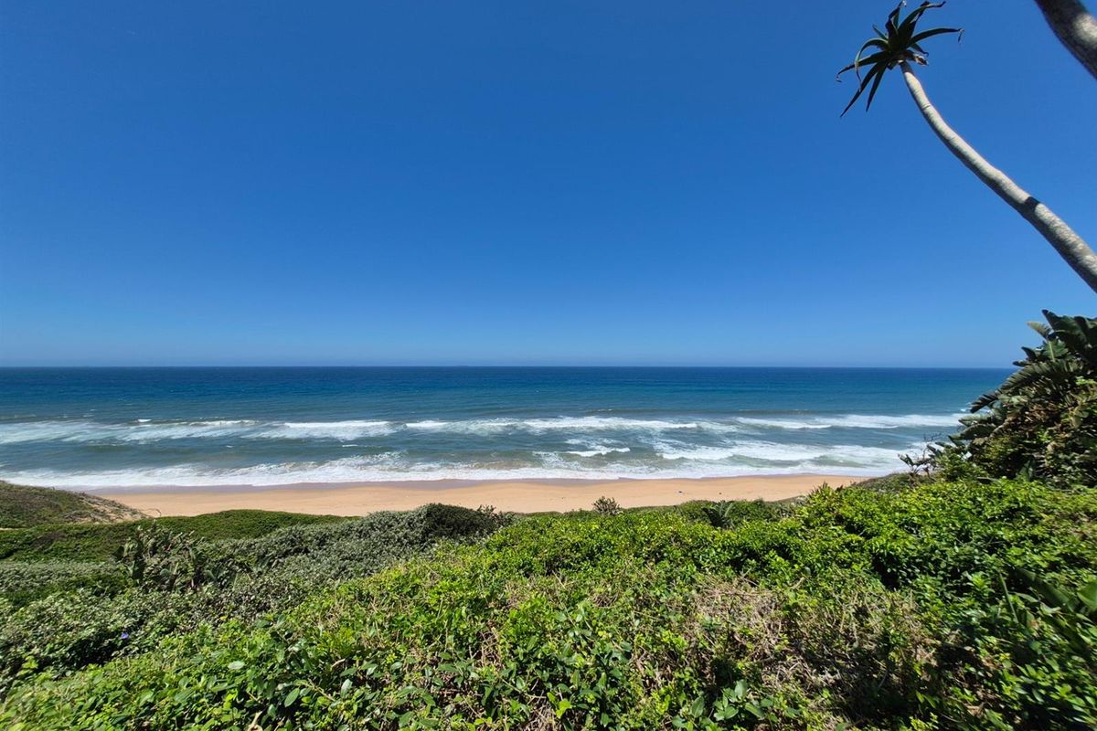 A scenic, elevated view overlooking the coastline, sandy beach, and ocean, showcasing the natural landscape of the property.