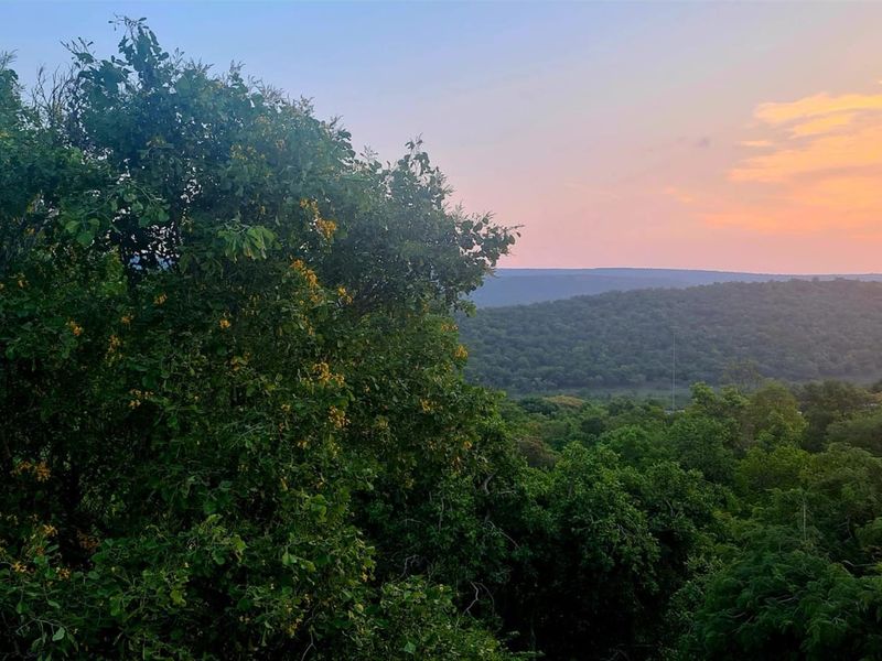 A scenic view of the surrounding natural landscape and lush greenery at sunset, showcasing the tranquil environment of the vacant land.