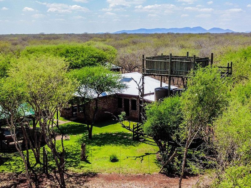 Aerial view of a farm property featuring a brick dwelling with a metal roof, solar panels, and a raised wooden viewing deck set in bushveld.