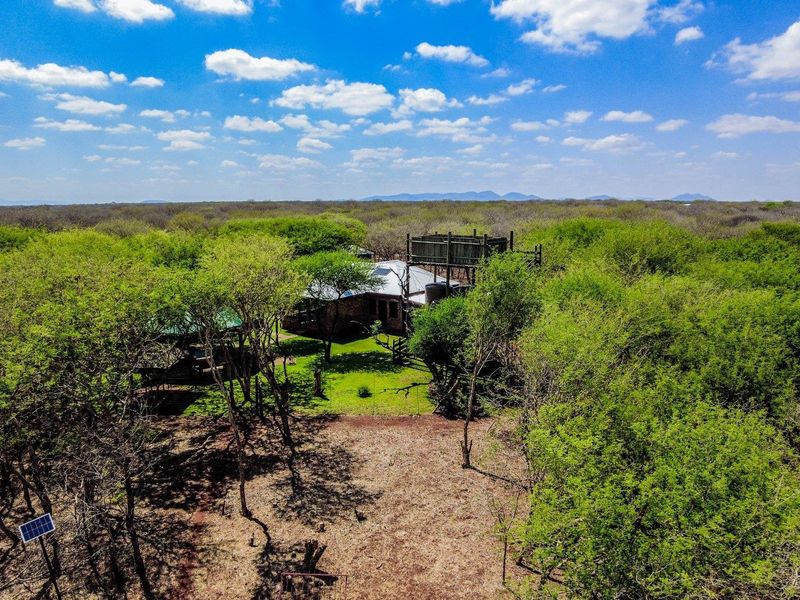 Aerial view of a rural farm property featuring a main dwelling with a metal roof, an elevated viewing deck, and surrounding natural bushveld landscape.