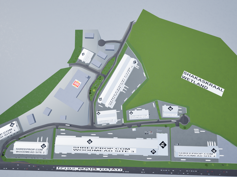An aerial site plan illustrating the layout of multiple industrial warehouse units, access roads, and the adjacent wetland area.