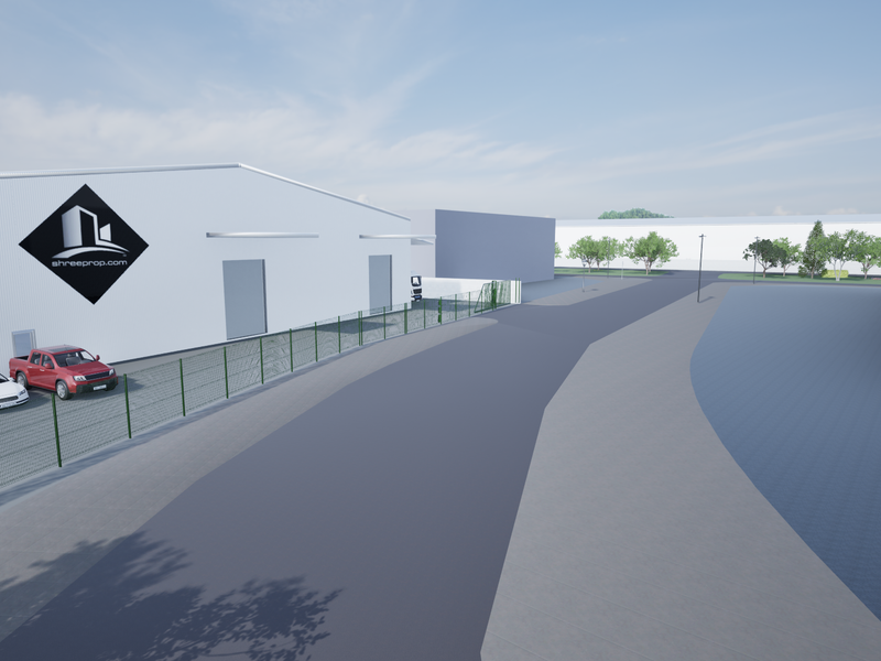 A digital rendering of an industrial property exterior featuring a warehouse building, security fencing, and paved access areas.