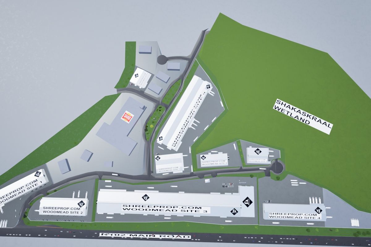 An aerial site plan showing the layout of the industrial park, including multiple warehouse buildings, access roads, and surrounding land.