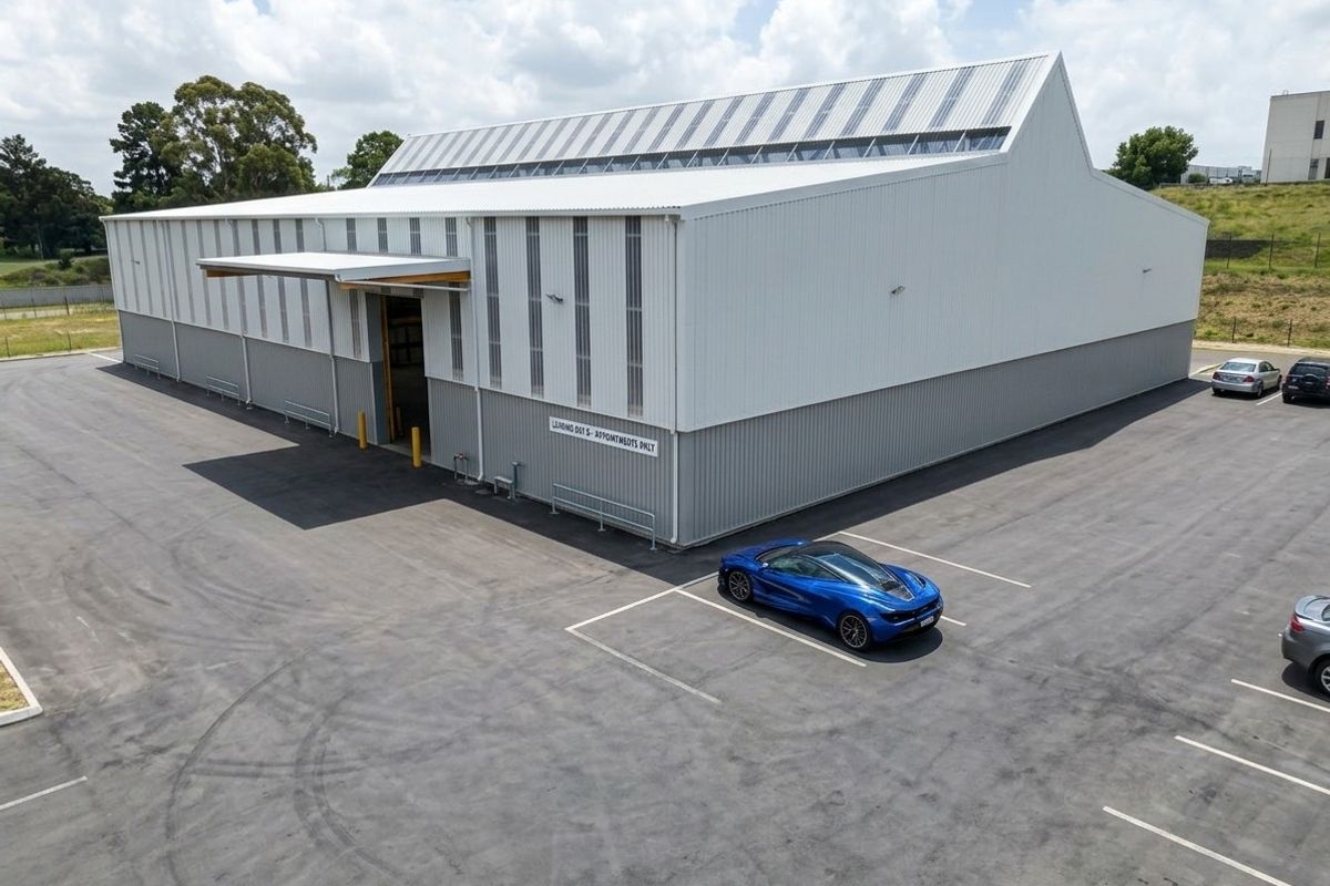 Aerial view of a modern industrial warehouse featuring metal cladding, integrated skylights, a loading bay canopy, and a paved asphalt parking area.