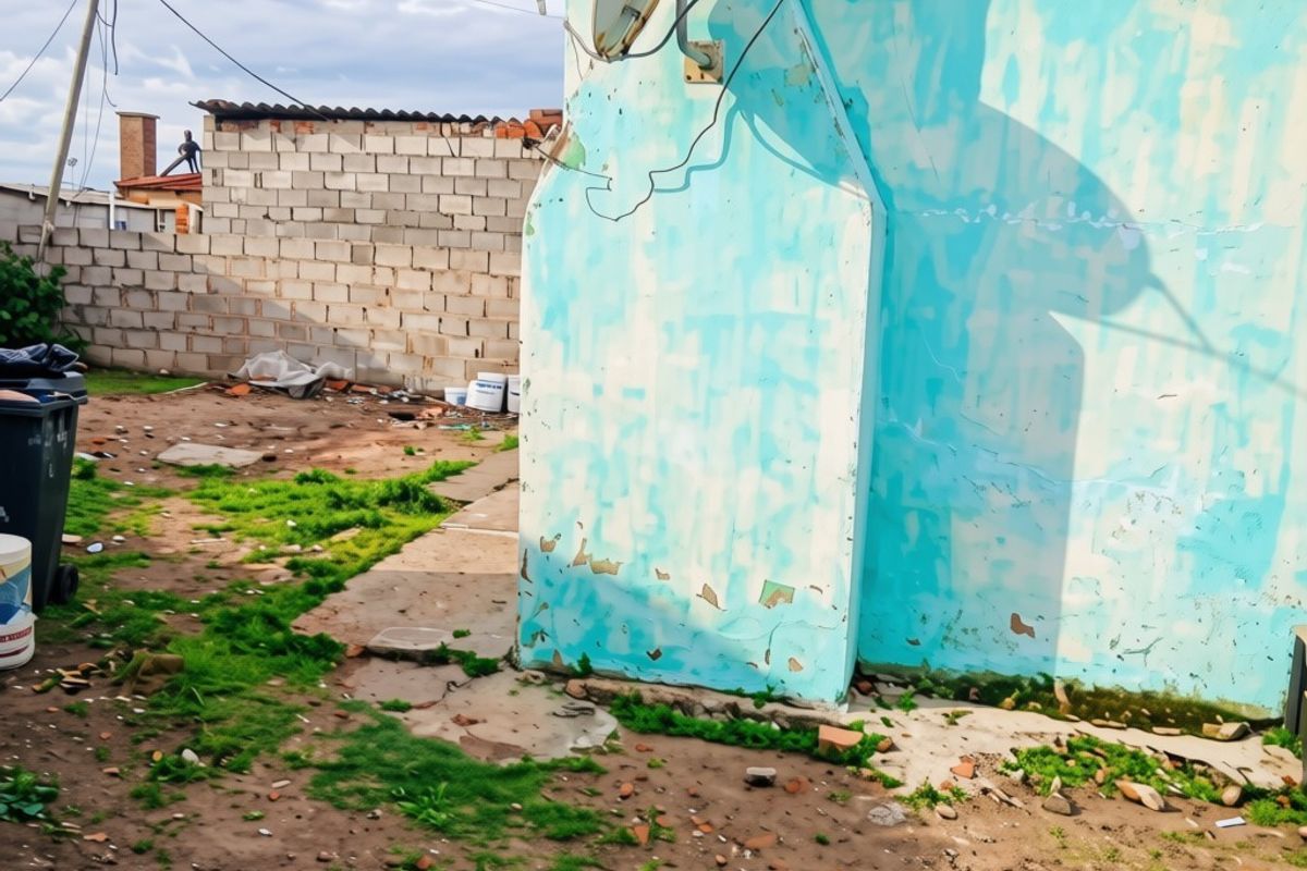 Rear exterior view of the property showing a weathered blue wall, satellite dish, and an unlandscaped yard with a concrete block boundary wall.
