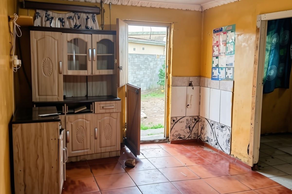 A dated kitchen area featuring tiled flooring, built-in cabinetry, and direct access to the rear exterior, requiring cosmetic updates and repairs.