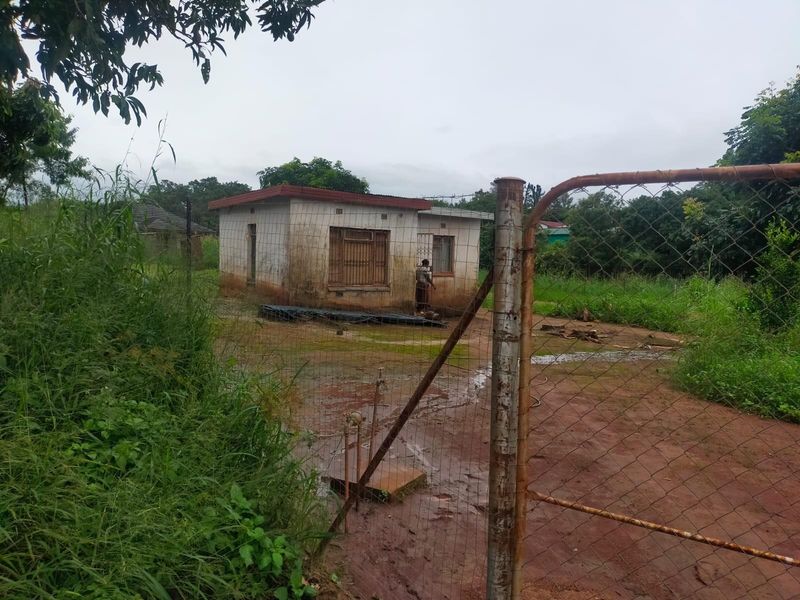 A view of a small residential structure on a plot of land, featuring a chain-link fence and gate with visible exterior wear.