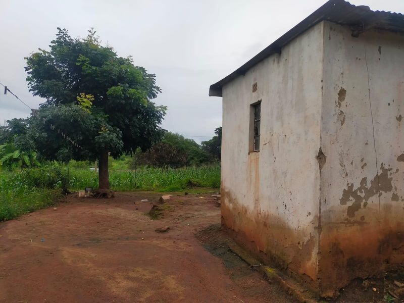 Exterior view of a small residential structure featuring a corrugated metal roof and weathered cement rendered walls with visible signs of wear.
