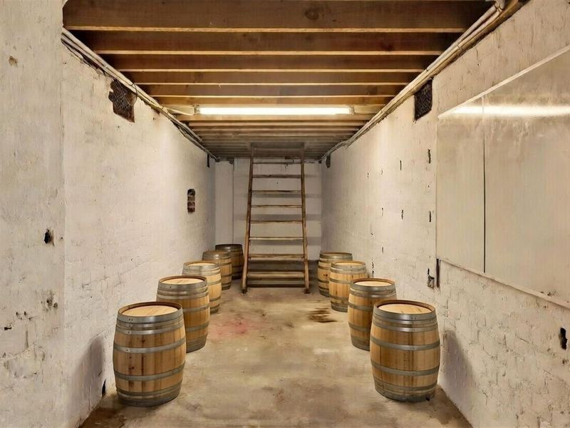 A rustic basement or cellar space featuring exposed timber ceiling joists, painted masonry walls, and a concrete floor, accessible via a fixed wooden ladder.