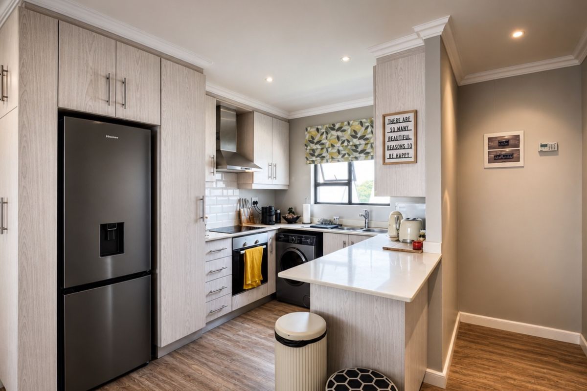 Modern kitchen featuring light wood-grain cabinetry, stone countertops, subway tile backsplash, and integrated appliances with a functional breakfast bar layout.