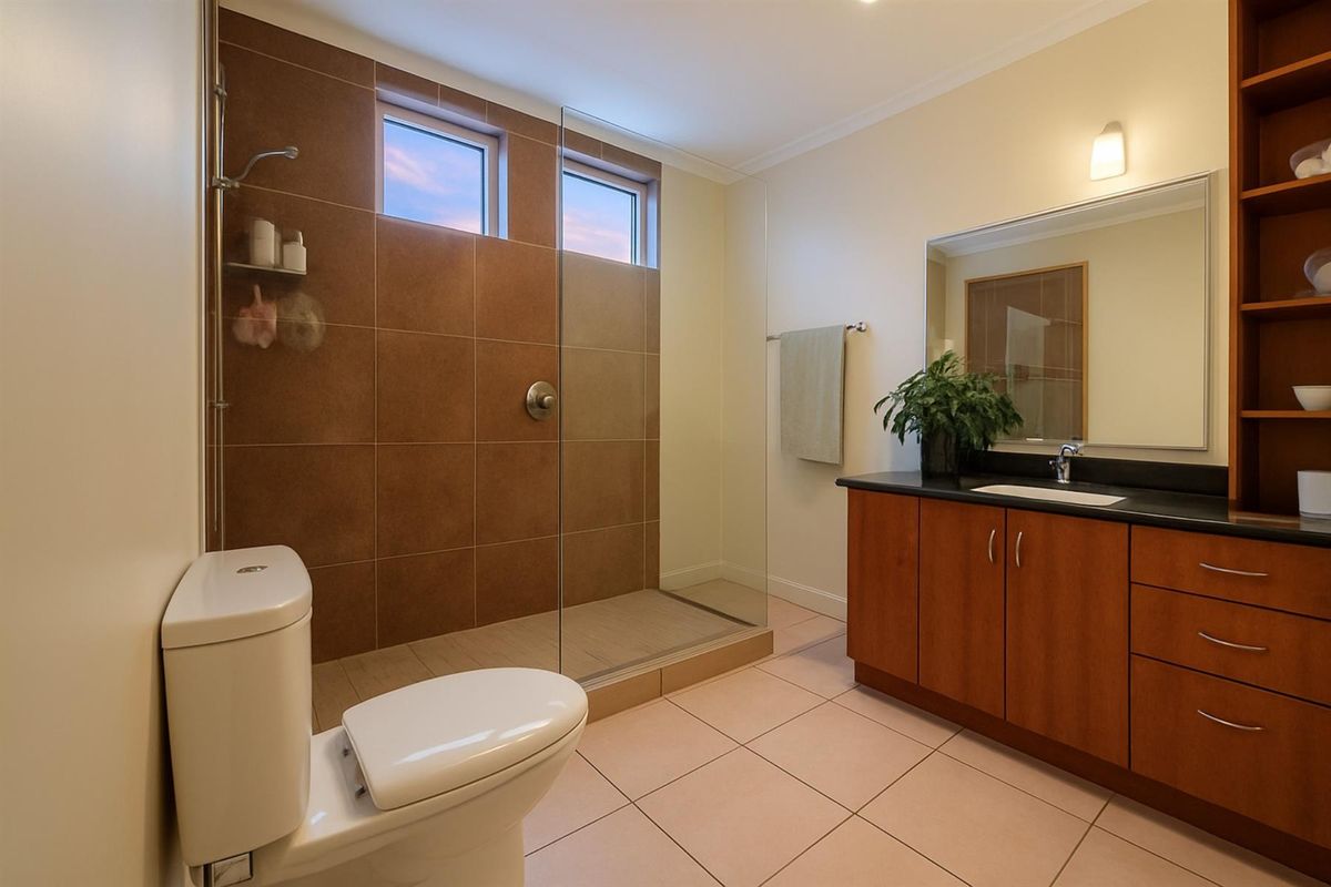 Modern bathroom featuring a walk-in glass shower with brown tiling, a vanity with integrated sink, and built-in shelving.