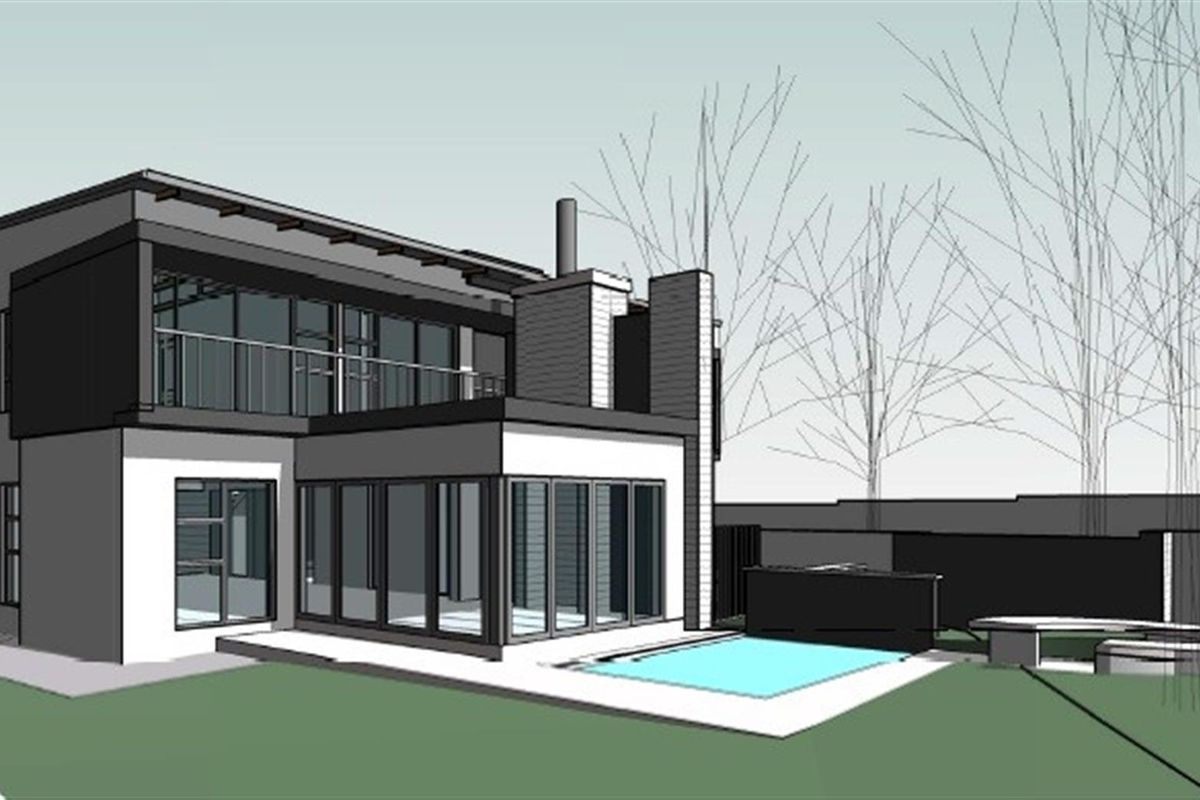A 3D architectural render of a modern two-story house featuring a rear patio, swimming pool, and balcony.