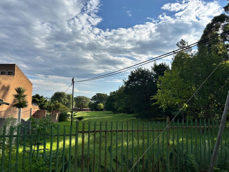 A view of a vacant residential plot featuring established trees, grass, and perimeter metal fencing with overhead utility lines.