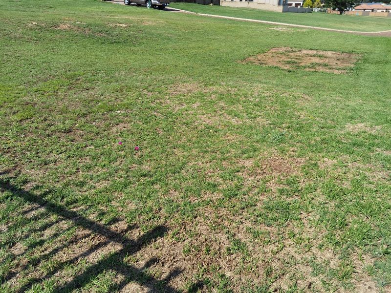 A view of a residential vacant plot featuring a grass lawn and perimeter fencing.