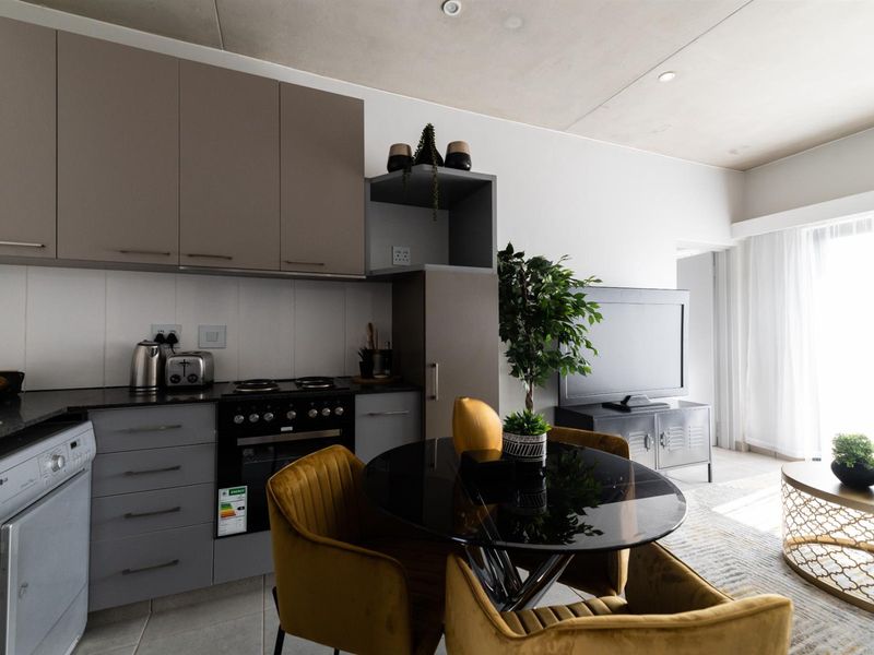 Modern open-plan apartment living area featuring a compact kitchen with built-in cabinetry, stone countertops, and integrated appliances, flowing into a bright lounge space.