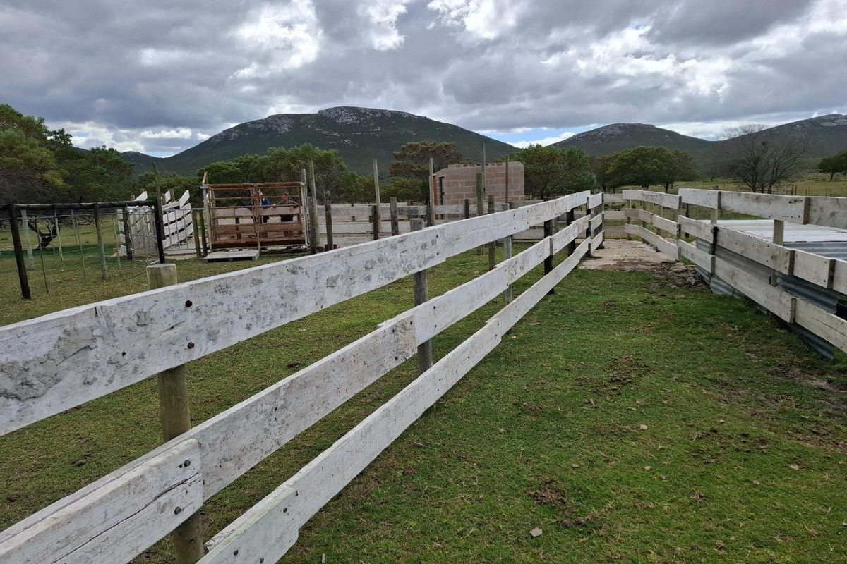 Outdoor farm area featuring timber livestock fencing, a small masonry structure, and open grazing land with mountain views.
