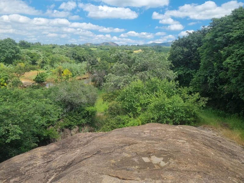 A scenic landscape view overlooking a natural river, lush green vegetation, and rolling hills under a bright blue sky.