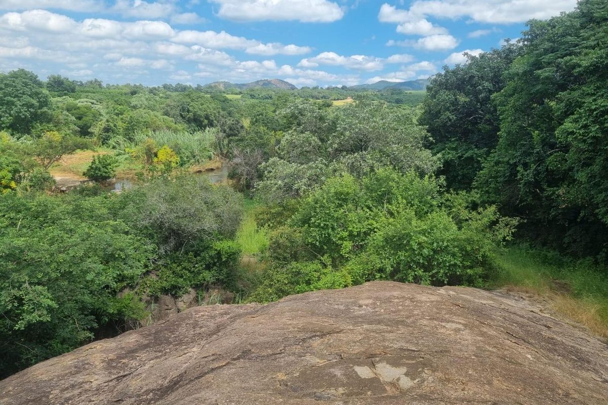 A scenic landscape view overlooking a natural river, lush green vegetation, and rolling hills under a bright blue sky.