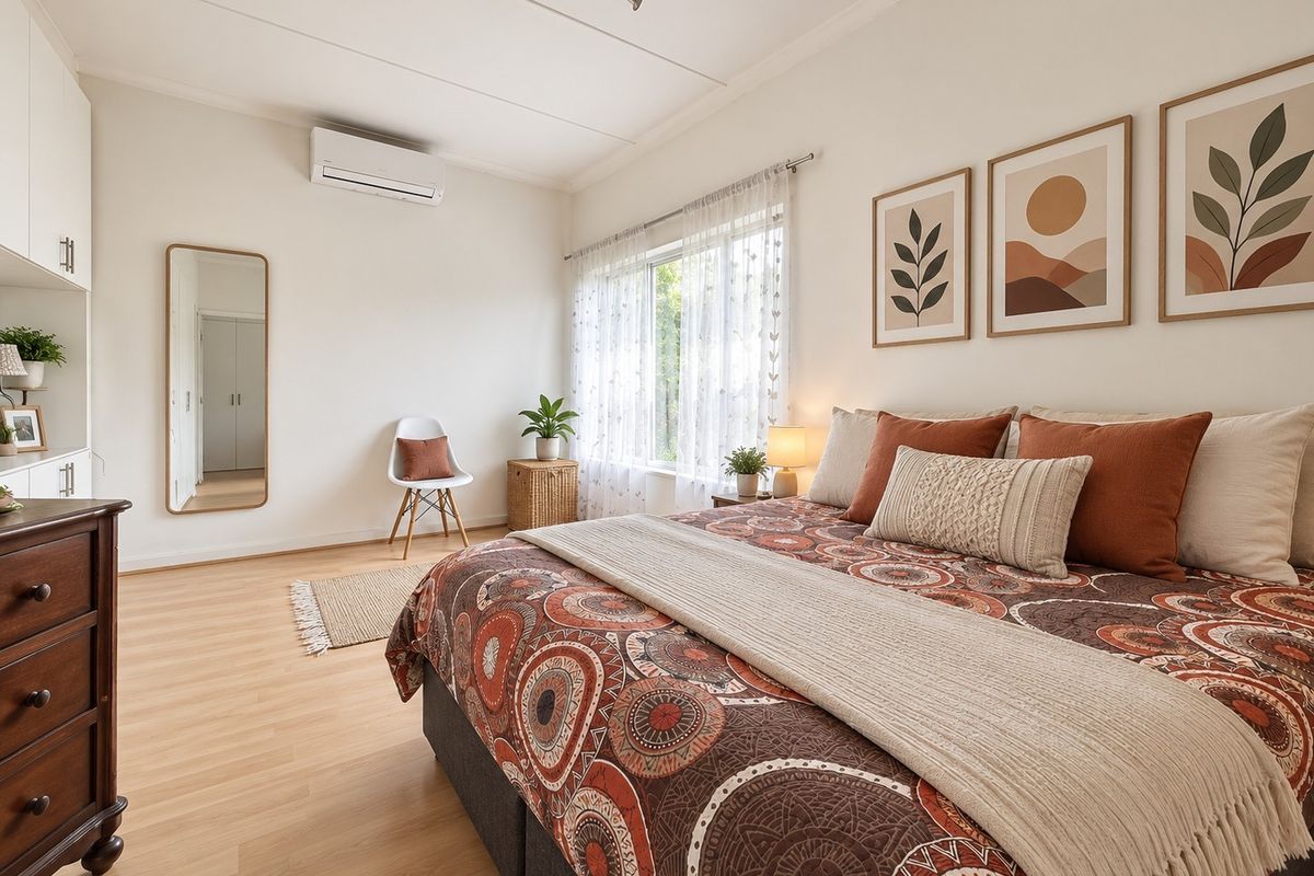 A well-maintained bedroom featuring laminate flooring, built-in cabinetry, and a wall-mounted split-system air conditioner.