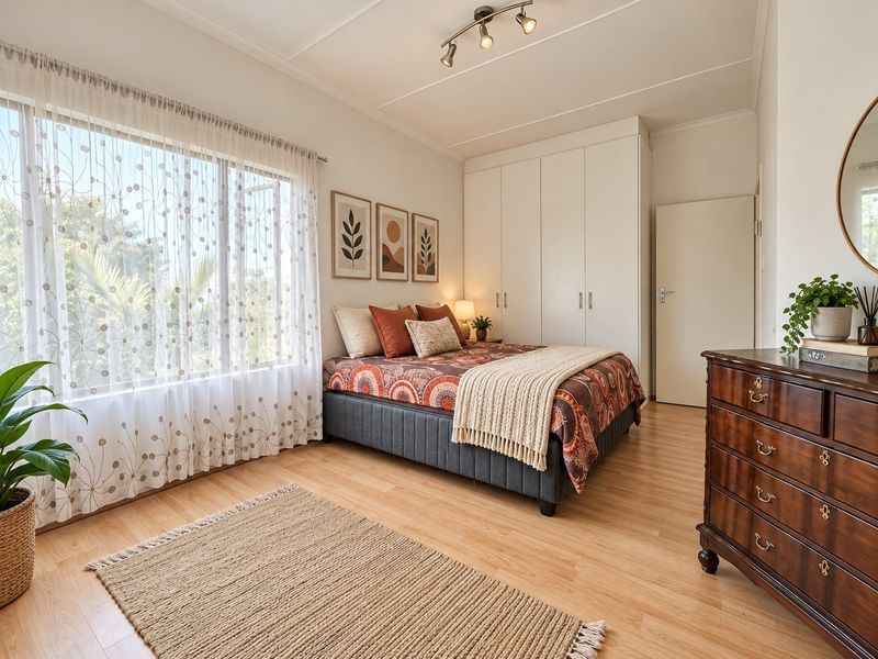 A well-maintained bedroom featuring laminate flooring, built-in cupboards, and modern track lighting, offering a bright and comfortable living space.